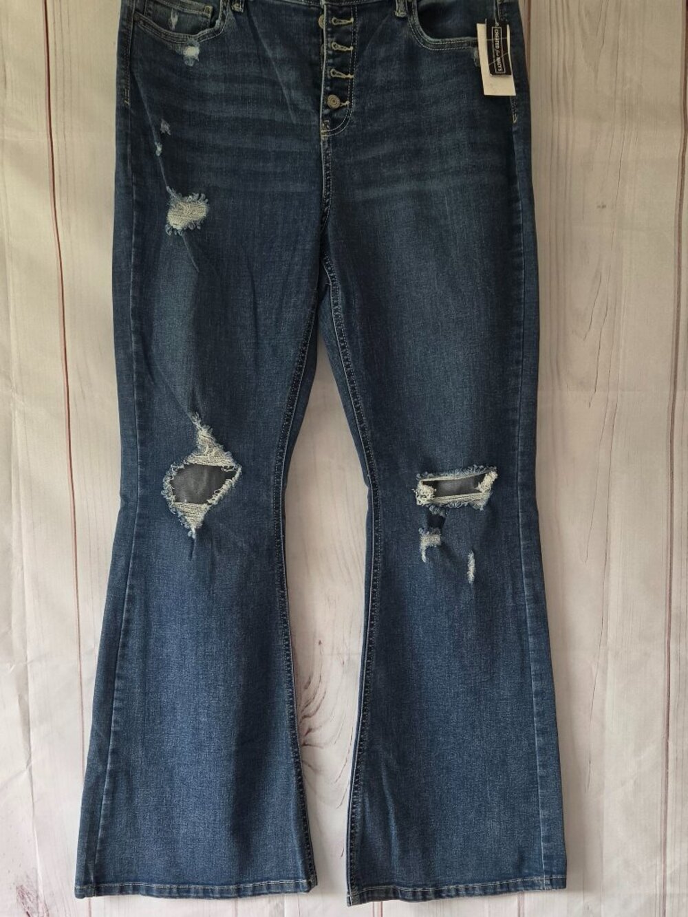 Indigo Rein button-fly distressed flare jeans, Women’s 13, med wash button fly